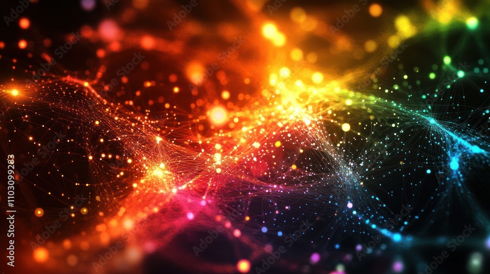 A glowing digital network grid in a dark space representing quantum communication lines flowing across A glowing digital network grid in a dark space representing quantum communication lines flowing across