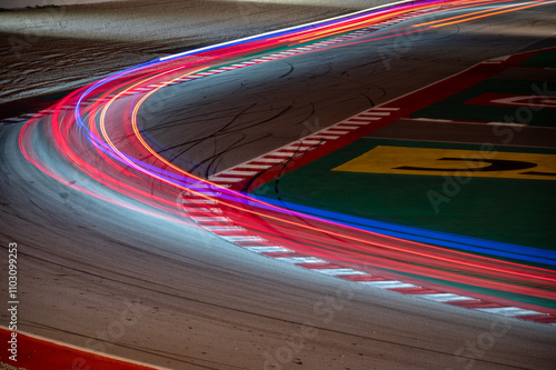 Detail of the traces of light left by the racing cars as they pass through the curve of the circuit during the 24 hours of endurance. Long exposure photography with red and blue light trails