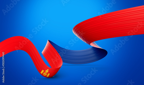 3d Flag Of Mongolia 3d Wavy Shiny Mongolia Ribbon Isolated On Blue Background 3d Illustration photo