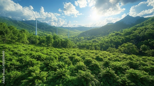 Expansive Landscape of Lush Green Hills with Wind Turbines Under a Bright Sky in Relaxing Nature Environment