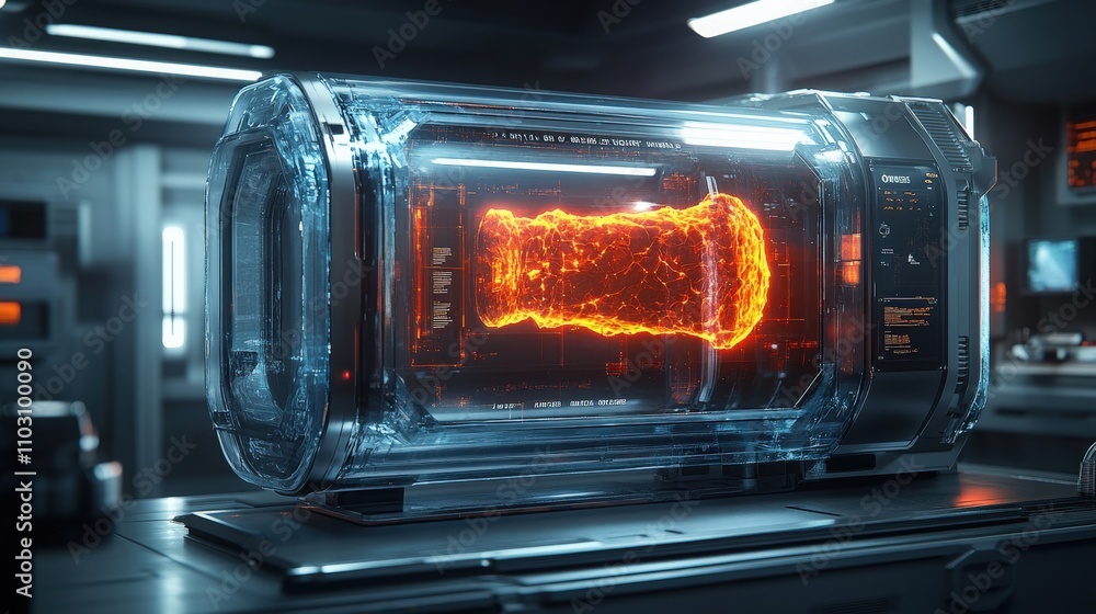 Futuristic Science Fiction Laboratory with Advanced Technology Displaying a Glowing Energy Sphere in a Transparent Container Futuristic Science Fiction Laboratory with Advanced Technology Displaying a Glowing Energy Sphere in a Transparent Container
