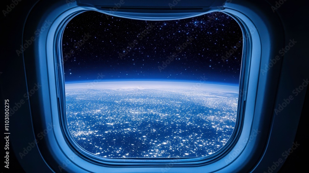 Naklejka premium View of Earth Through Spacecraft Window at Night