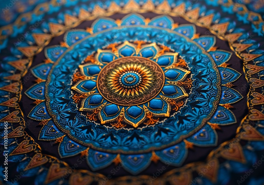Fototapeta premium Vibrant mandala pattern featuring intricate designs and rich colors in blue and gold