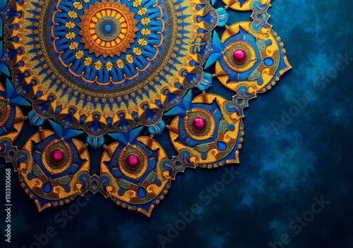 Intricate mandala design with vibrant colors and detailed patterns on a blue background photo