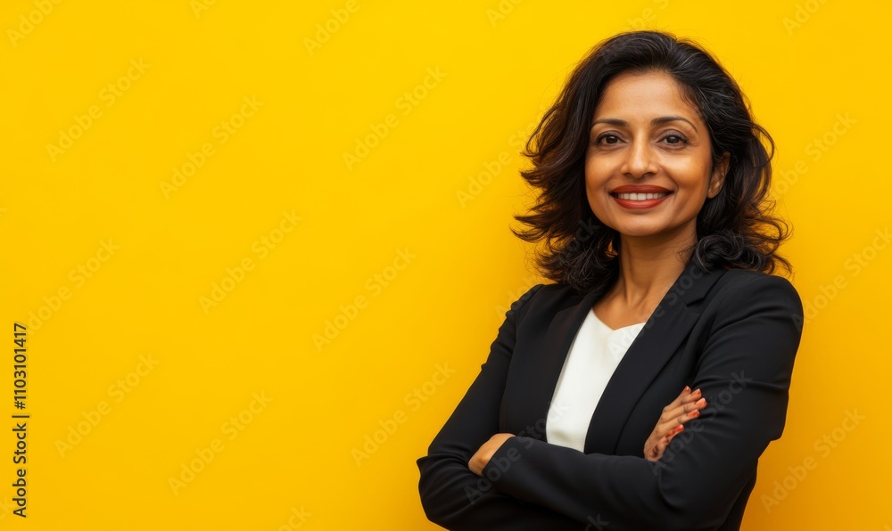Smiling mature woman office worker, businesswoman. On yellow background with copyspace for your text Smiling mature woman office worker, businesswoman. On yellow background with copyspace for your text
