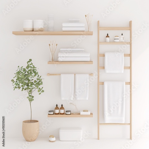 2409_125.An assortment of whole, bathroom storage ladders,isolate, perfect top-down view, showcasing diverse varieties, arranged with space around each bathroom storage ladders, no sides visible,
