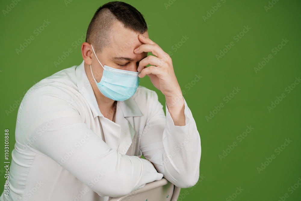 Medical Professional in Scrubs Showing Signs of Stress and Exhaustion Against a Green Background Medical Professional in Scrubs Showing Signs of Stress and Exhaustion Against a Green Background