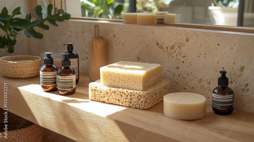 Natural Spa Retreat with Organic Skincare Products and Accessories on a Wooden Shelf Featuring Soft Colors and Minimalist Design in a Calming Bathroom Setting Natural Spa Retreat with Organic Skincare Products and Accessories on a Wooden Shelf Featuring Soft Colors and Minimalist Design in a Calming Bathroom Setting