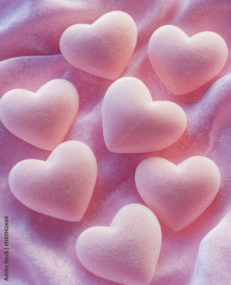 Fototapeta premium Seven pink hearts arranged on silky fabric, creating a soft and romantic atmosphere with a touch of elegance and warmth.