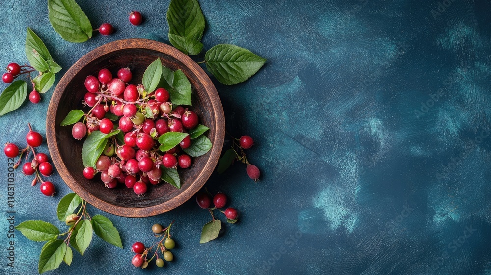 Wooden bowl with fresh honeysuckle berry on table background. top view Wooden bowl with fresh honeysuckle berry on table background. top view
