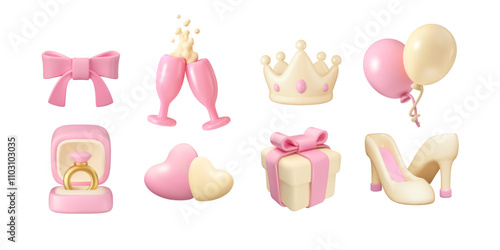 Wedding icons vector 3d set. Design elements collection, balloons, champagne, gift and ribbon bow in pink and white isolated. Hearts and engagement ring, bride diadem and shoes