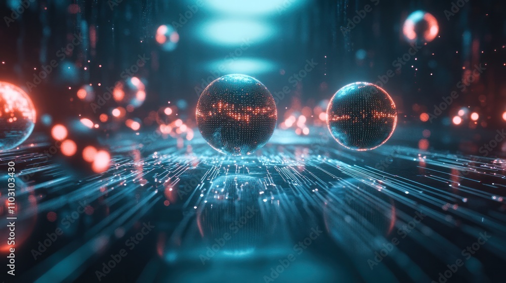 particles floating above a sleek surface with holographic data points and futuristic circuits surrounding particles floating above a sleek surface with holographic data points and futuristic circuits surrounding