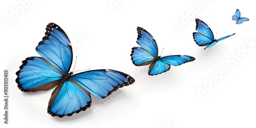 Vibrant blue butterflies in various sizes create a stunning visual display