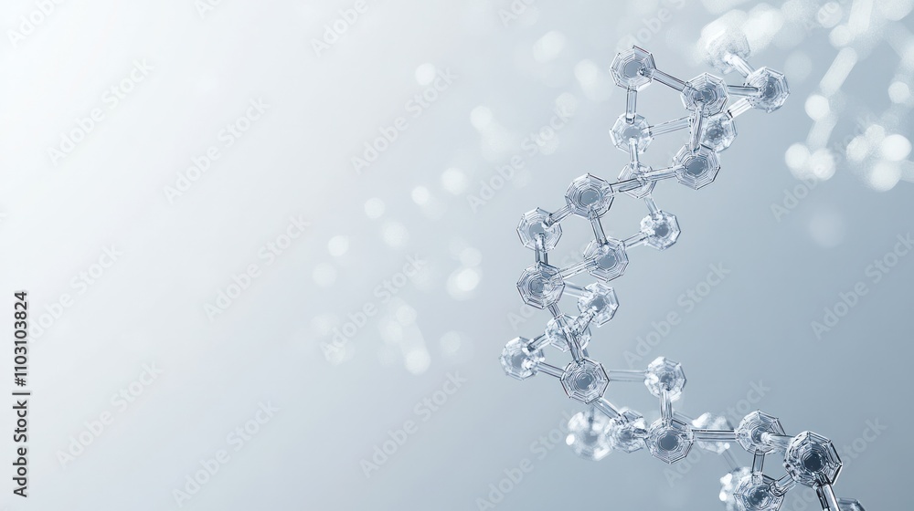 a DNA strand with transparent hexagonal elements interlinked around it in a network pattern on a light blue background a DNA strand with transparent hexagonal elements interlinked around it in a network pattern on a light blue background