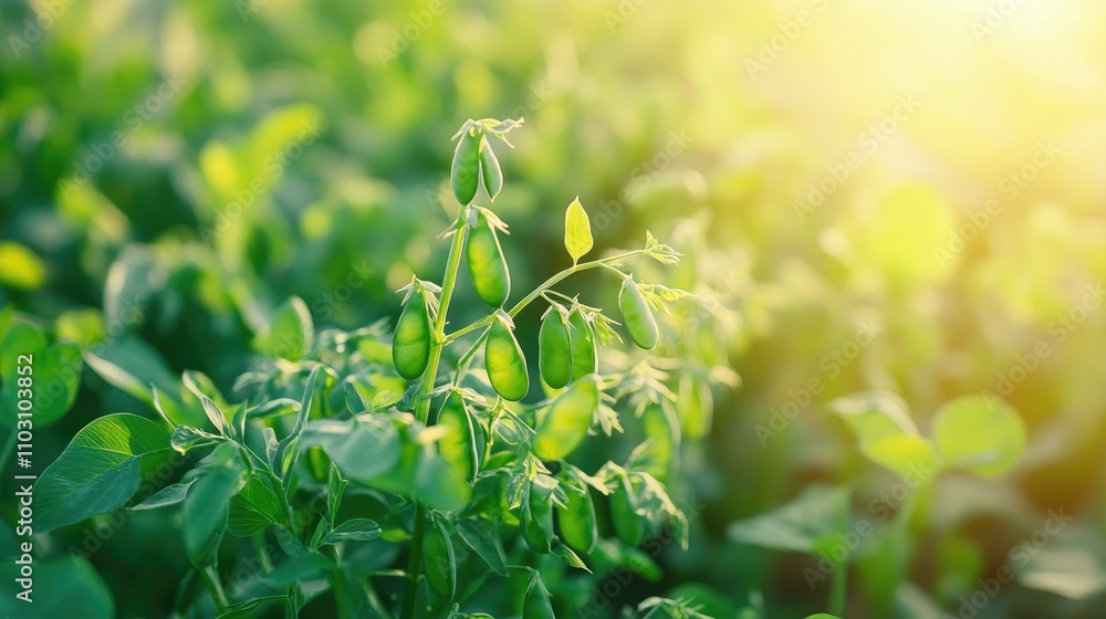 organic green pea pods growing on bushes in sunny light. Plant of legumes in summer garden background