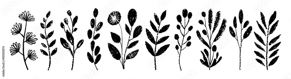 Fototapeta premium Plant, flower, leaf in brush silhouette vector set. Floral hand drawn crayon paint branch. Abstract doodle black silhouette sketch ink illustration. Simple stroke doodle plant, flower, leaf branch art
