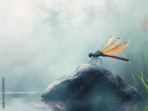 .colorful dragonfly perched on a rock in a misty, atmospheric environment - ai