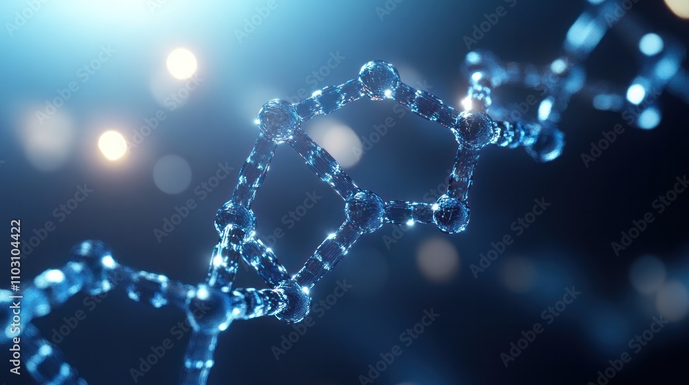 a DNA strand with transparent hexagonal elements interlinked around it in a network pattern on a light blue background a DNA strand with transparent hexagonal elements interlinked around it in a network pattern on a light blue background