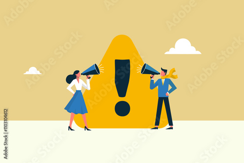 Important announcement or breaking news concept featuring business people using a megaphone, paired with an exclamation mark for urgency and attention. Ideal for alerts and warnings