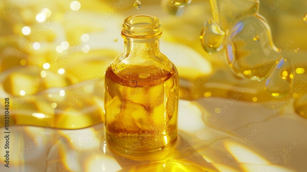 Small glass bottle of golden oil with bubbles surrounded by spilled liquid and glowing reflections on a bright surface. Jojoba oil. Generative AI Small glass bottle of golden oil with bubbles surrounded by spilled liquid and glowing reflections on a bright surface. Jojoba oil. Generative AI