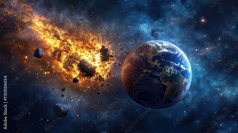 Dynamic Asteroid Breaking Apart Near Colorful Planet Dynamic Asteroid Breaking Apart Near Colorful Planet