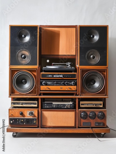 .A vintage turntable with large speakers, showcasing an old-school audio setup - ai