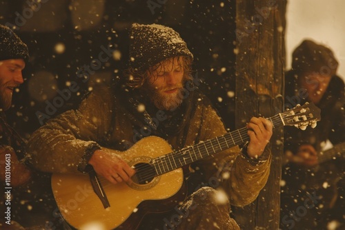Snowy mountain music: rugged musicians playing guitar in winter wonderland