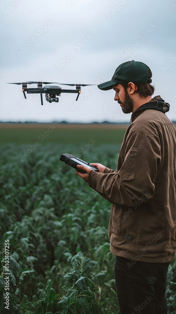 Farmer using drone and controller for smart agriculture in green field