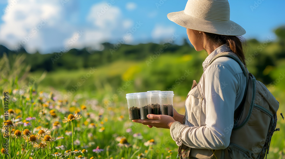 Scientist holding soil samples for biohacking research in wildflower meadow Scientist holding soil samples for biohacking research in wildflower meadow