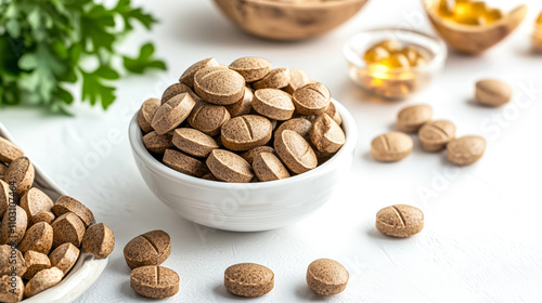 Triphala Tablets Neatly Arranged on a Clean White Background. photo