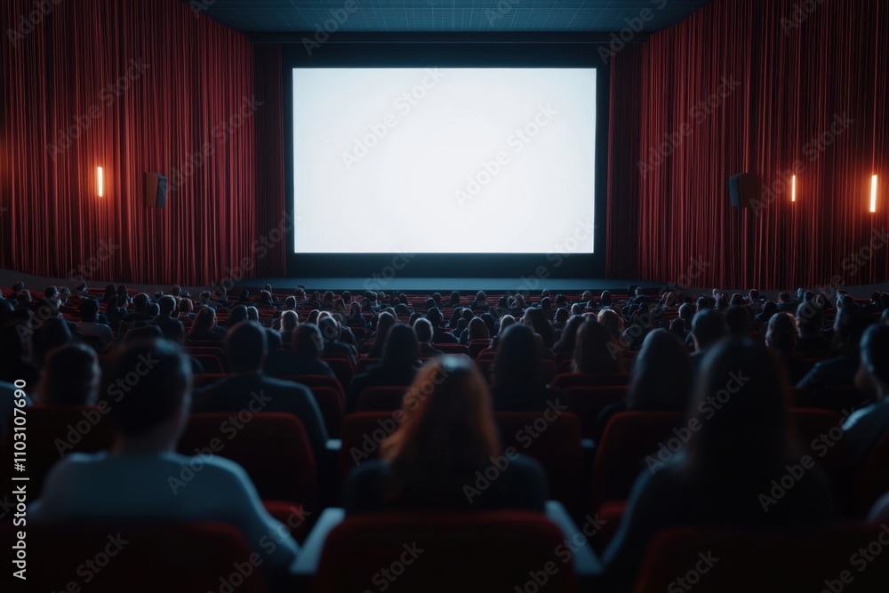 Audience watching blank white screen in movie theater Audience watching blank white screen in movie theater