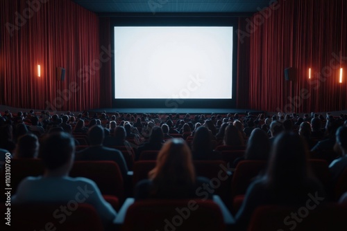 Audience watching blank white screen in movie theater