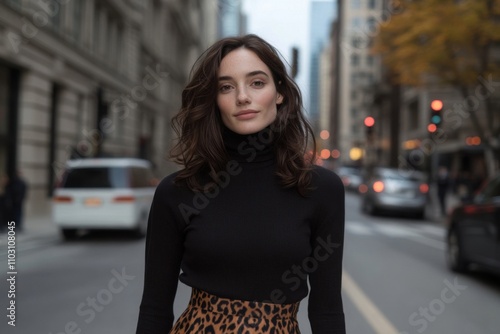 Stylish woman posing on a city street in autumn