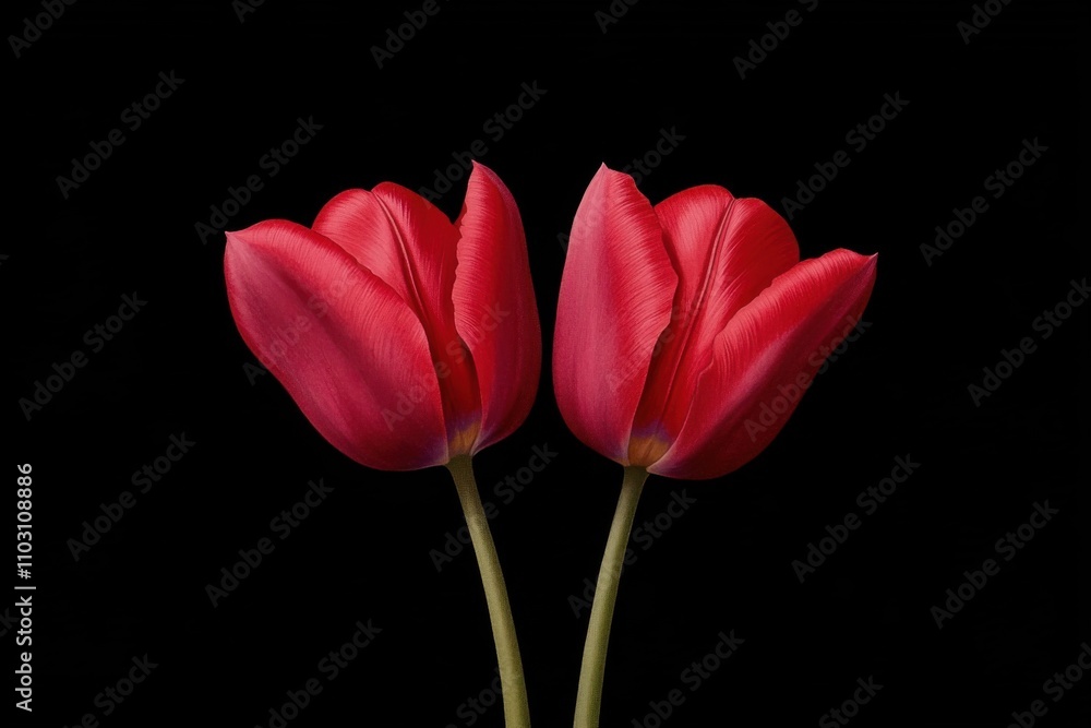 Two vibrant red tulips blooming against a dark background Two vibrant red tulips blooming against a dark background