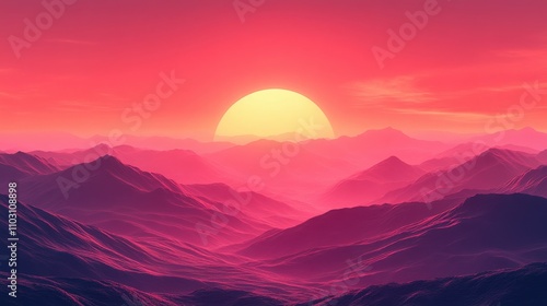 Stunning Vibrant Sunrise Over Majestic Mountain Range with Layers of Pink and Purple Hues Creating a Serene and Dreamy Landscape in a Digital Art Style