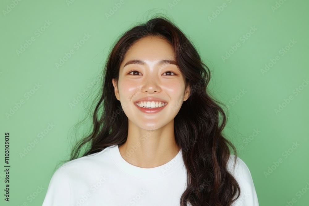 Young asian woman smiling on green background Young asian woman smiling on green background