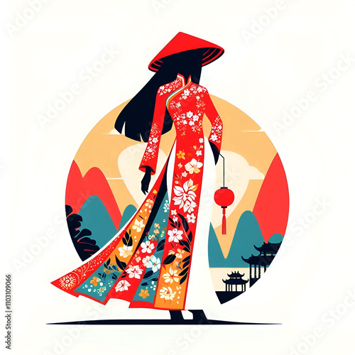 A Vietnamese girl in traditional dress Vector illustration  on a white background generated by AI