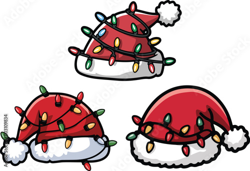Bundle Set Chrismas Hat Vector Icon Illustration.