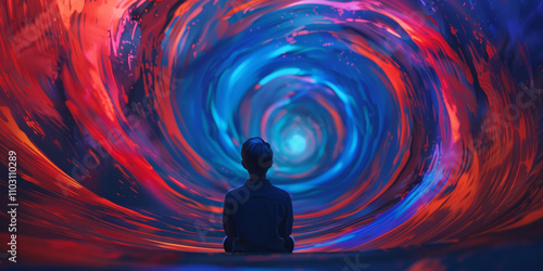 A person trapped in a never-ending cycle of thoughts, represented by swirling patterns and colors.
