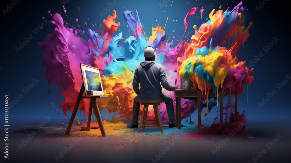 Whimsical 3D Cartoon Painting at Vibrant Easel Studio with Colorful Paint Splatters and Supplies Around Whimsical 3D Cartoon Painting at Vibrant Easel Studio with Colorful Paint Splatters and Supplies Around