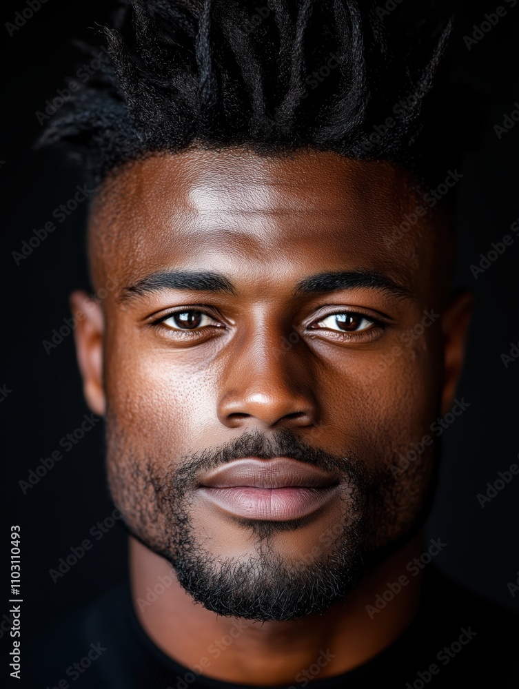 Portrait of a young Botswanan man with a beard with a thoughtful expression, soft studio lighting on a dark background Portrait of a young Botswanan man with a beard with a thoughtful expression, soft studio lighting on a dark background