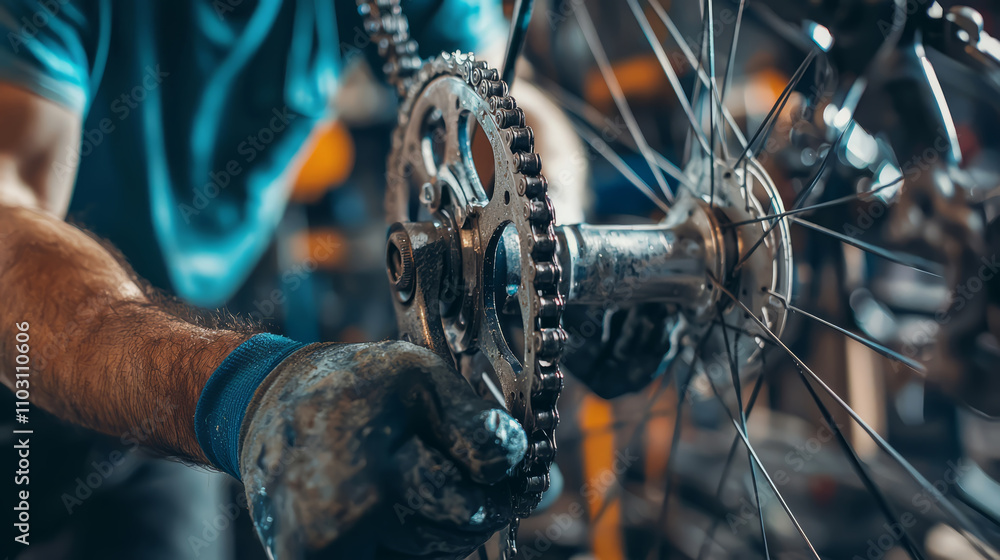 bicycle mechanic adjusting the chain, grease and tool details prominent.