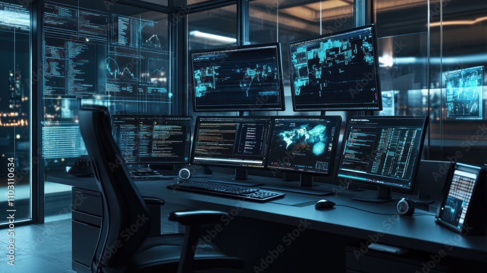 Cybersecurity Workstation 3D Render - Global Network Monitoring and Data Analysis Cybersecurity Workstation 3D Render - Global Network Monitoring and Data Analysis