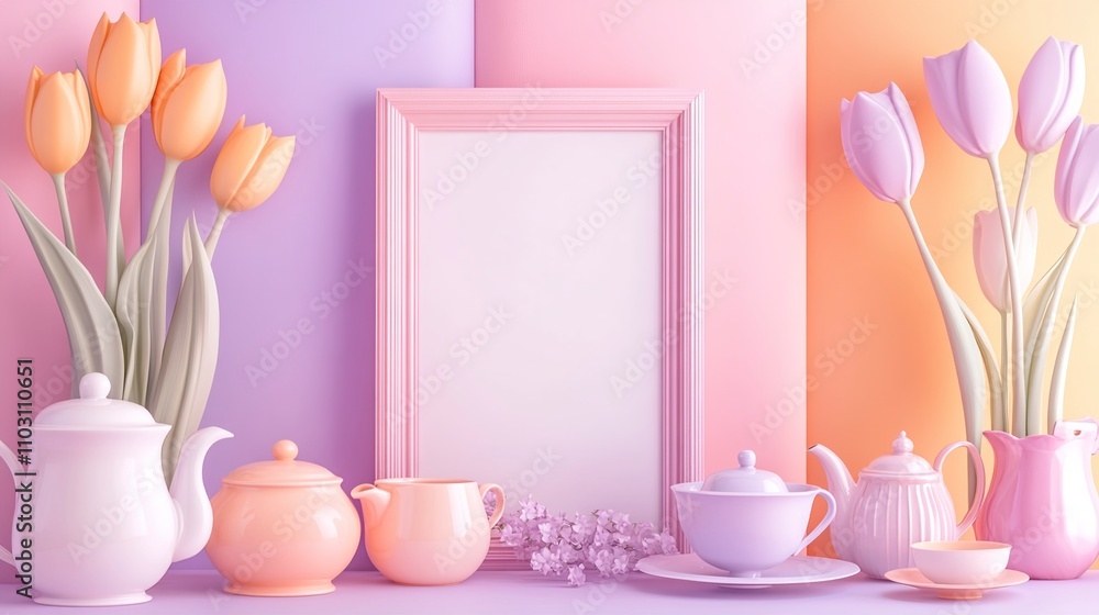 Pastel Tea Party Scene with Blank Frame and Tulips Pastel Tea Party Scene with Blank Frame and Tulips