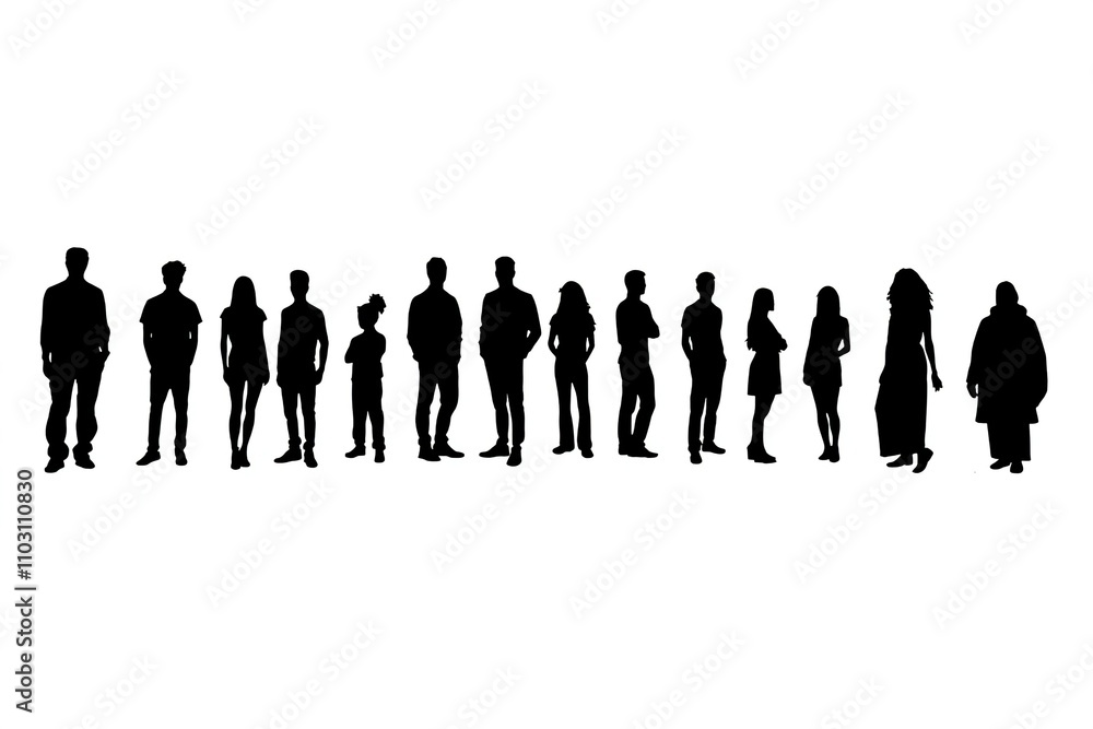 Minimalist artwork featuring six human silhouettes, three male and three female, standing in a horizontal arrangement. The figures are black with no facial or body details, set against a plain white b Minimalist artwork featuring six human silhouettes, three male and three female, standing in a horizontal arrangement. The figures are black with no facial or body details, set against a plain white b