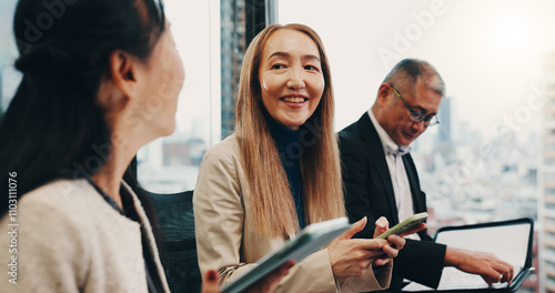 Business people, meeting and collaboration for planning, discussion and company financial review in office. Japan, stakeholder and executive conference for investment proposal, teamwork and feedback