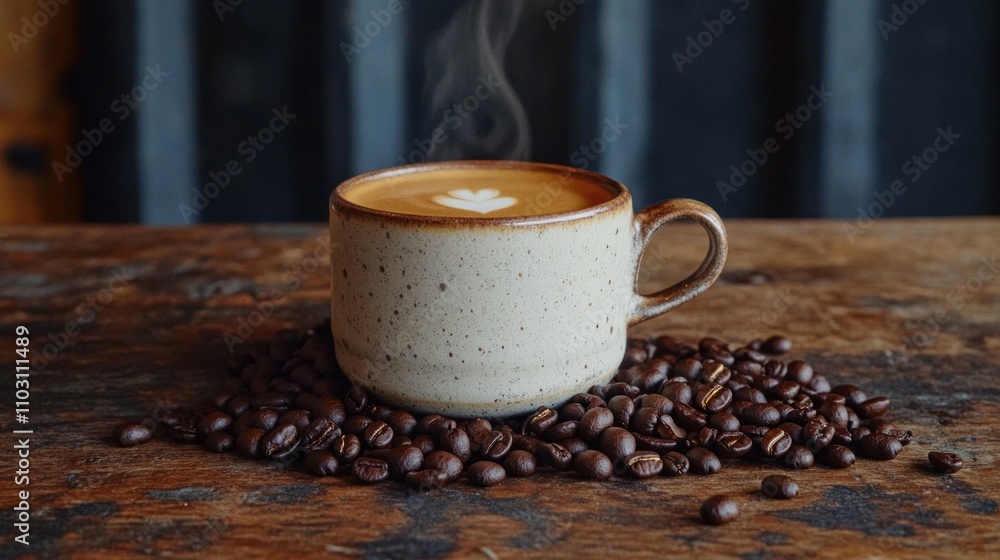A steaming cup of coffee sits on a bed of coffee beans, showcasing a cozy beverage moment. A steaming cup of coffee sits on a bed of coffee beans, showcasing a cozy beverage moment.