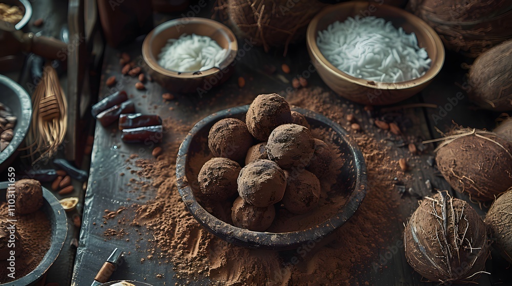 The photo showcases a spread of vegan protein balls made with dates, cacao powder, and shredded coconut, Photography, National Geographic Style, spectacular backdrops, vivid visuals, an awe-inspiring The photo showcases a spread of vegan protein balls made with dates, cacao powder, and shredded coconut, Photography, National Geographic Style, spectacular backdrops, vivid visuals, an awe-inspiring