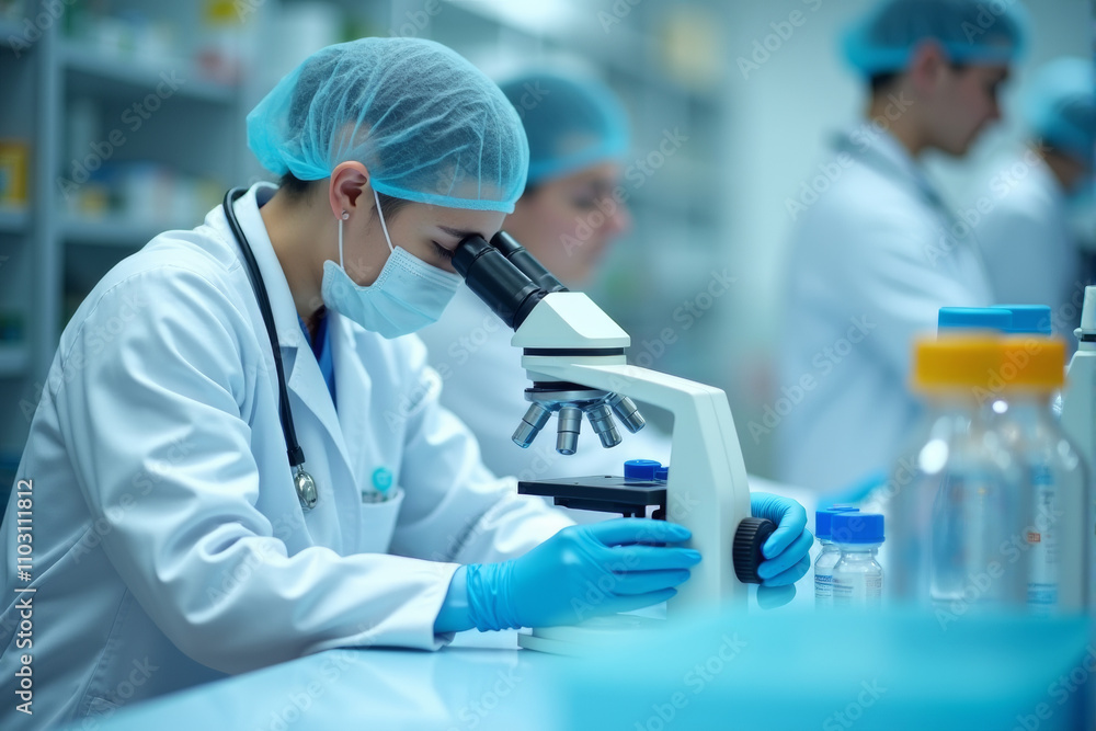 Scientist Looking Under Microscope In A Laboratory Scientist Looking Under Microscope In A Laboratory