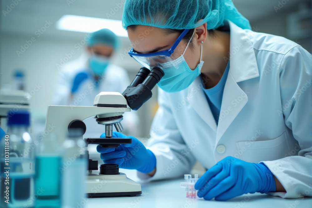 Scientist Looking Under Microscope In A Laboratory Scientist Looking Under Microscope In A Laboratory